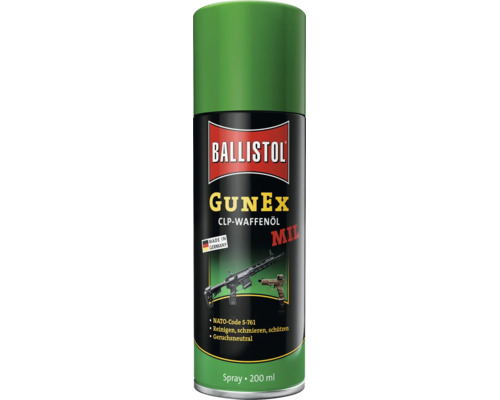 Ballistol GunEx CLP-Waffenöl Spray, 200 Milliliter, NATO-Code S-761, reinigen, schmieren, schützen, geruchsneutral, hergestellt in Deutschland.