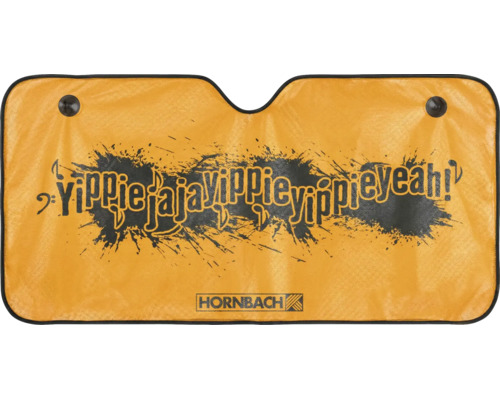 Hornbach Auto-Sonnenschutz für die Windschutzscheibe mit Saugnäpfen, Yippieja-ja-yippie-yippie-yeah! Schriftzug und Hornbach Logo.