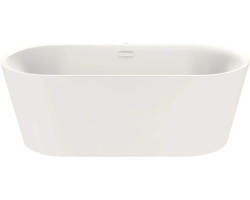 Weiße freistehende Badewanne in ovaler Form aus Sanitäracryl mit Überlauf.
