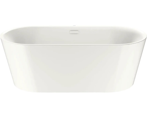 Weiße freistehende Badewanne in ovaler Form mit Schlitzüberlauf.