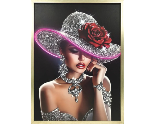 Gerahmtes Wandbild auf Leinwand, Motiv Frau mit Glitzerhut, roter Rose und Schmuck mit neonpinken Akzenten.