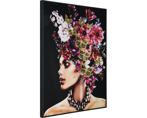 Wandbild mit Frauenporträt im Profil, verziert mit Blumen und Schmetterlingen sowie einer Perlenkette.