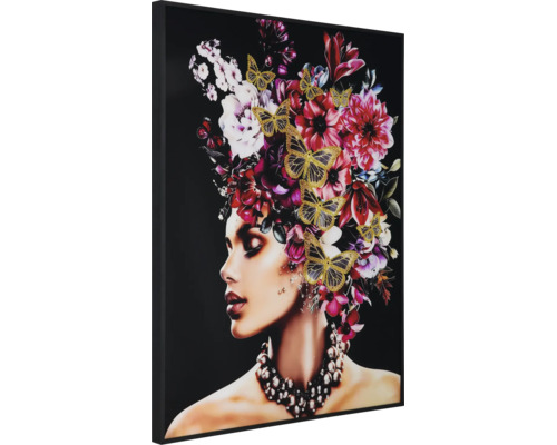 Glasbild mit schwarzem Rahmen, Motiv einer Frau mit Kopfschmuck aus Blumen und Schmetterlingen sowie einer Perlenkette.