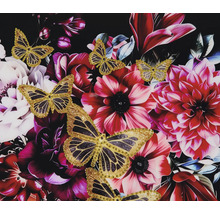 Glasbild mit Blumenmotiv und Schmetterlingen mit Glitzerverzierung, dekoratives Wandbild.