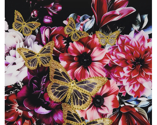 Glasbild mit Blumenmotiv und Schmetterlingen mit Glitzerverzierung, dekoratives Wandbild.