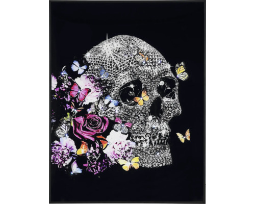 Wandbild mit einem Totenkopf aus glitzernden Steinen, Blumen und Schmetterlingen.