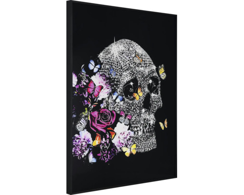 Gerahmtes Wandbild mit einem Totenkopf aus glitzernden Steinen, verziert mit bunten Blumen und Schmetterlingen.
