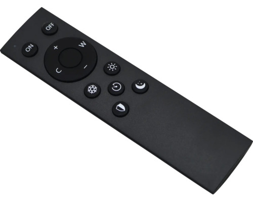 Schwarze Fernbedienung für Beleuchtung oder Ventilatoren mit Tasten für Ein, Aus, Helligkeit, Nachtmodus und Timer.