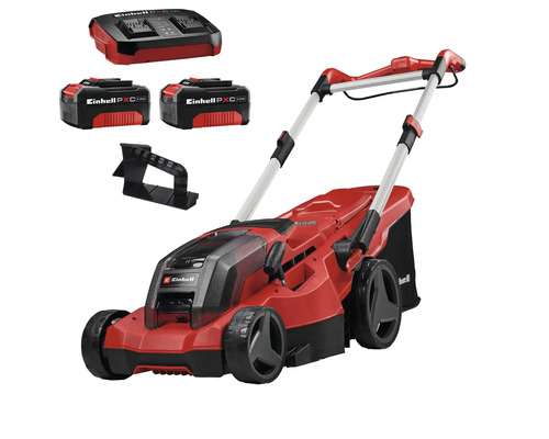 Einhell Akku-Rasenmäher-Set mit zwei Akkus, Doppel-Ladegerät und Mulchkit.