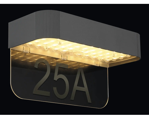 LED-Hausnummernleuchte in Anthrazit mit beleuchteter Fläche für Hausnummern.