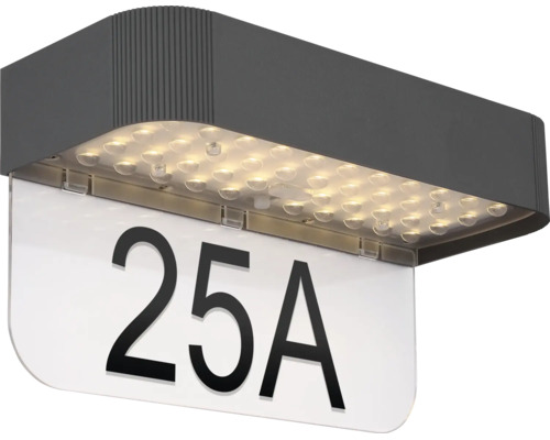 LED-Hausnummernleuchte mit anthrazitfarbenem Gehäuse, warmweißen LEDs und weißer Acrylplatte für Hausnummern.
