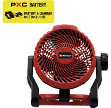 Roter Einhell Akkumulator-Ventilator mit verstellbarem Standfuß und spiralförmigem Schutzgitter. Akkumulator und Ladegerät nicht enthalten. Einhell Logo.