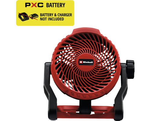 Roter Einhell Akkumulator-Ventilator mit verstellbarem Standfuß und spiralförmigem Schutzgitter. Akkumulator und Ladegerät nicht enthalten. Einhell Logo.