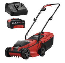 Roter Einhell Akku-Rasenmäher inklusive 4,0 Amperestunden Power X-Change Akku und Ladegerät.