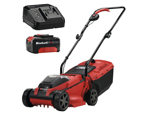 Roter Einhell Akku-Rasenmäher inklusive 4,0 Amperestunden Power X-Change Akku und Ladegerät.