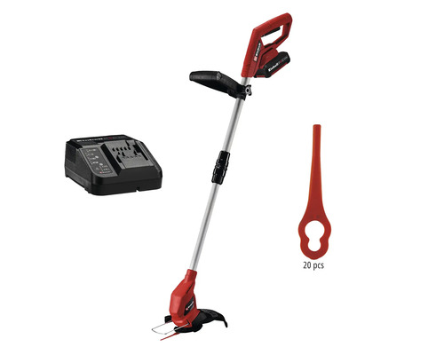 Einhell Akku-Rasentrimmer Set inklusive Ladegerät, Akku und 20 Ersatzmessern.