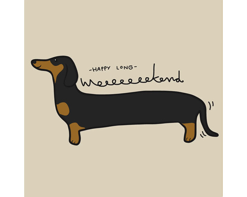 Illustration eines Dackels mit extra langem Körper und dem Schriftzug Happy Long Weekend.