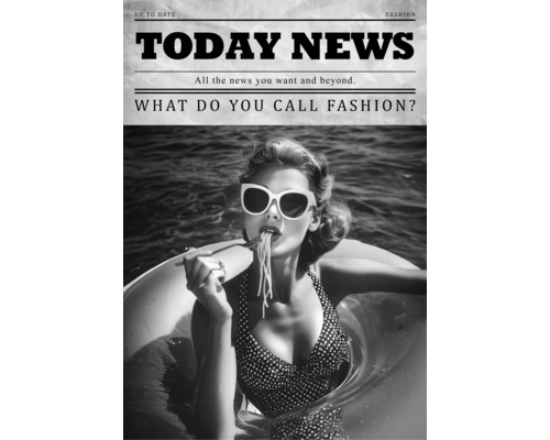 Poster im Vintage Zeitungsdesign mit Schlagzeile Today News, Frau im gepunkteten Bikini und Sonnenbrille, die Spaghetti im Schwimmring isst.
