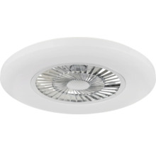 Runde LED-Deckenleuchte mit integriertem Ventilator und chromfarbenen Flügeln.