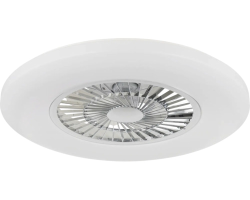 Runde LED-Deckenleuchte mit integriertem Ventilator und chromfarbenen Flügeln.