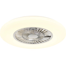Deckenventilator mit integrierter LED-Beleuchtung, runde Form mit Lamellengitter.