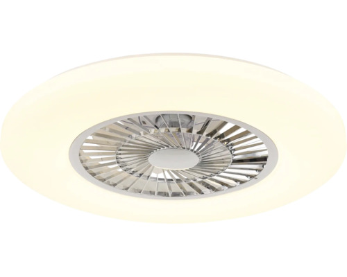 Deckenventilator mit integrierter LED-Beleuchtung, runde Form mit Lamellengitter.