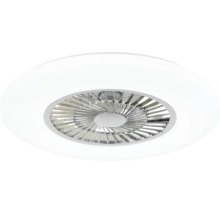 Runde LED-Deckenleuchte in Weiß mit integriertem Ventilator und silberfarbenen Lamellen in der Mitte.