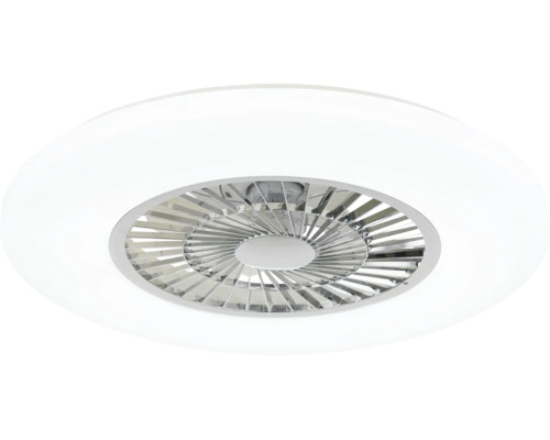 Runde LED-Deckenleuchte in Weiß mit integriertem Ventilator und silberfarbenen Lamellen in der Mitte.