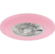 Runder rosa Deckenventilator mit integrierter Leuchte und silbernem Gitter.