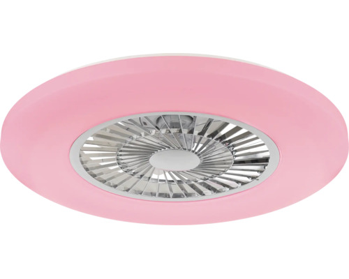 Runder rosa Deckenventilator mit integrierter Leuchte und silbernem Gitter.