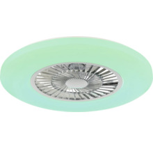 Moderner Deckenventilator mit kreisförmiger LED-Beleuchtung und zentralem Rotor hinter einem Schutzgitter.
