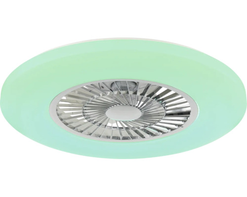 Moderner Deckenventilator mit kreisförmiger LED-Beleuchtung und zentralem Rotor hinter einem Schutzgitter.