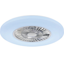 Moderne runde Deckenleuchte mit integriertem Ventilator, LED-Lichtring und silberfarbenen Rotorblättern.