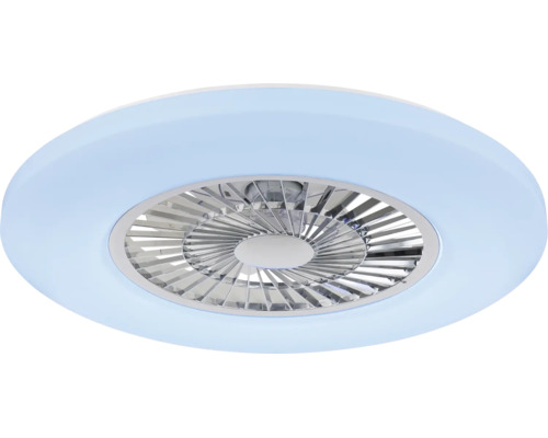 Moderne runde Deckenleuchte mit integriertem Ventilator, LED-Lichtring und silberfarbenen Rotorblättern.