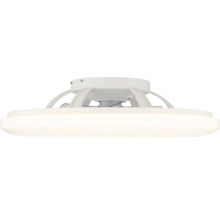 Weiße moderne Deckenleuchte mit integriertem Ventilator, flaches rundes Design mit LED-Panel.