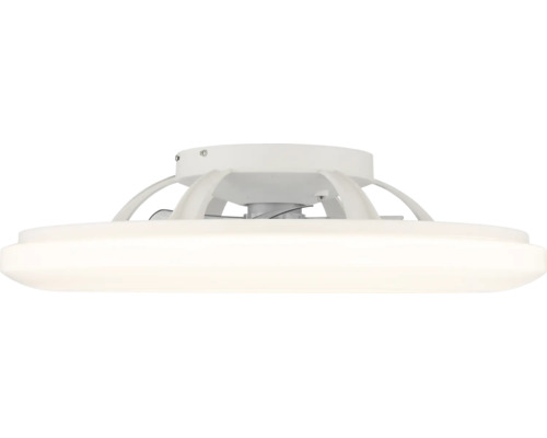 Weiße moderne Deckenleuchte mit integriertem Ventilator, flaches rundes Design mit LED-Panel.