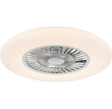 Moderne Deckenleuchte mit integriertem Ventilator und kreisförmigem LED-Lichtring.