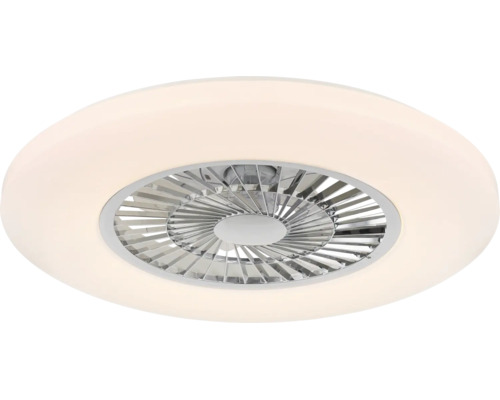 Moderne Deckenleuchte mit integriertem Ventilator und kreisförmigem LED-Lichtring.