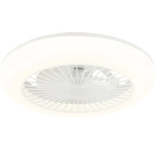 Weißer runder Deckenventilator mit integrierter Beleuchtung und Kunststoffgitter.
