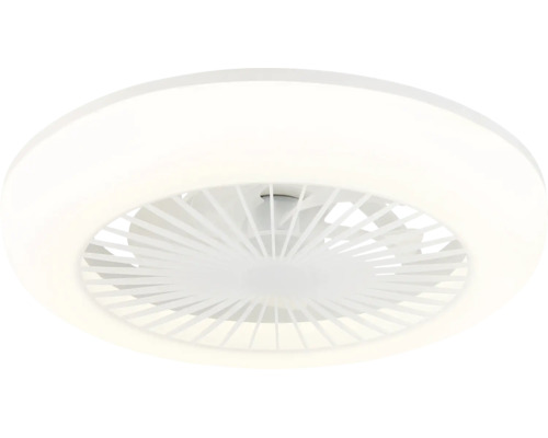 Weißer runder Deckenventilator mit integrierter Beleuchtung und Kunststoffgitter.