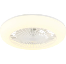 Runder Deckenventilator mit integriertem LED-Lichtring und zentralen Ventilatorflügeln.