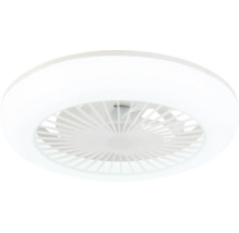 Moderner weißer Deckenventilator mit integrierter Leuchte, runde Form, Kunststoffgehäuse mit feinem Lamellengitter.