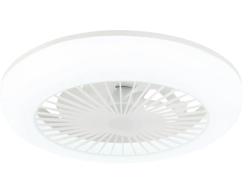 Moderner weißer Deckenventilator mit integrierter Leuchte, runde Form, Kunststoffgehäuse mit feinem Lamellengitter.