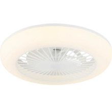Runde LED-Deckenleuchte mit integriertem Ventilator und weißem Gehäuse.
