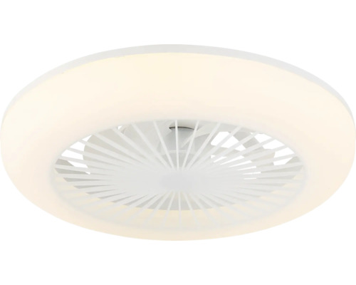 Runde LED-Deckenleuchte mit integriertem Ventilator und weißem Gehäuse.