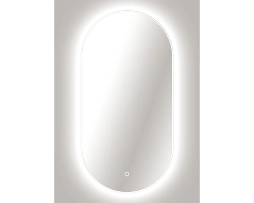 Ovaler LED-Badezimmerspiegel mit Hintergrundbeleuchtung und Touch-Sensor.