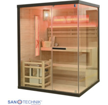 Sanotechnik Sauna-Kabine mit Glasfront, Holzbänken, Saunaofen und Beleuchtung.