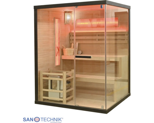 Sanotechnik Sauna-Kabine mit Glasfront, Holzbänken, Saunaofen und Beleuchtung.