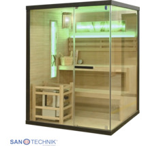 Moderne Innensauna mit Glasfront, Holzausstattung, Saunaofen, Holzeimer, Kelle und grüner LED-Beleuchtung.