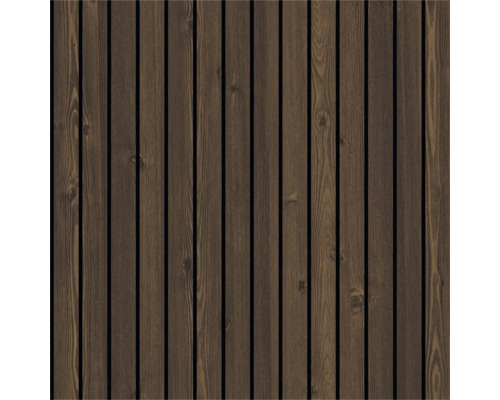 Dunkles Holz-Wandpaneel mit vertikalen Lamellen und sichtbarer Holzmaserung.